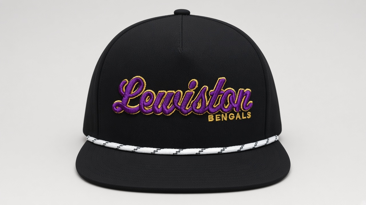 Lewiston Bengals black rope hat with purple 3D embroidered Lewiston script outlined in gold and gold BENGALS lettering