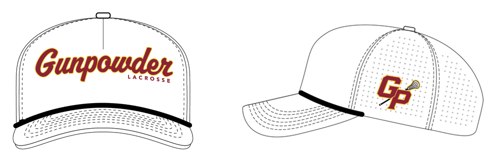 Approved design proof, front and side views, Gunpowder Lacrosse white rope hat
