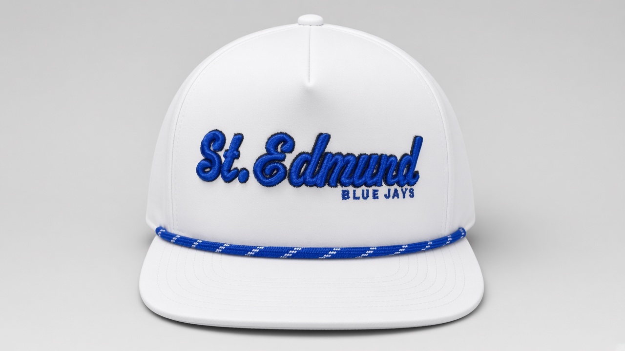 St. Edmund Blue Jays white rope hat with royal 3D embroidered St. Edmund script outlined in black and BLUE JAYS lettering