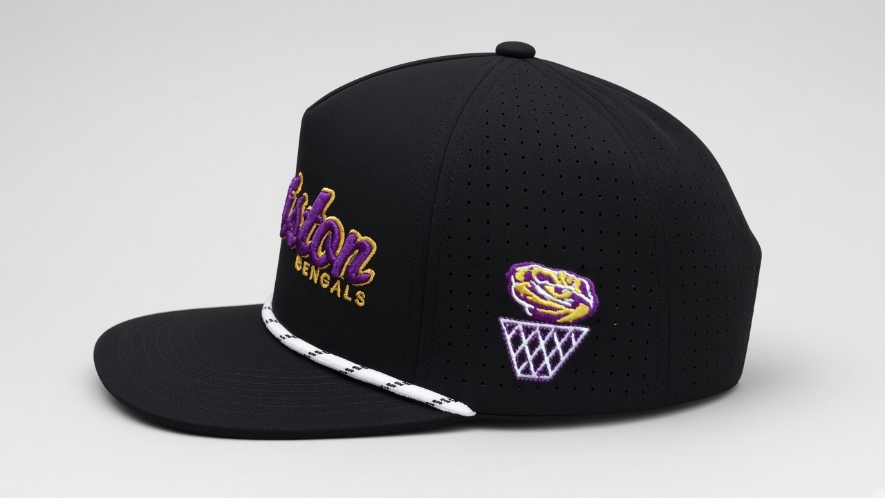 Side view of the Lewiston Bengals black rope hat with the embroidered basketball-and-net side logo