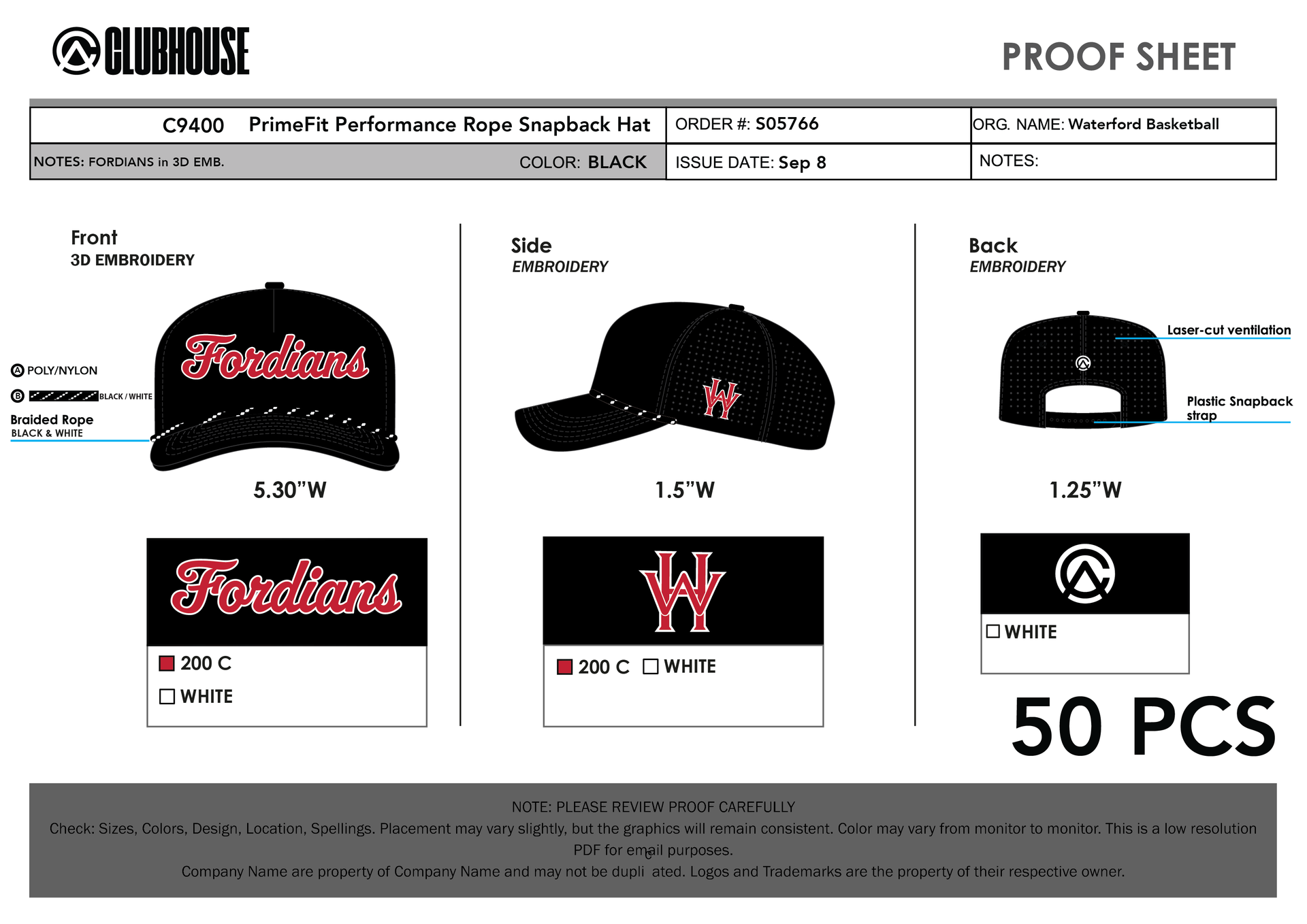 Approved design proof, Waterford Fordians black rope hat