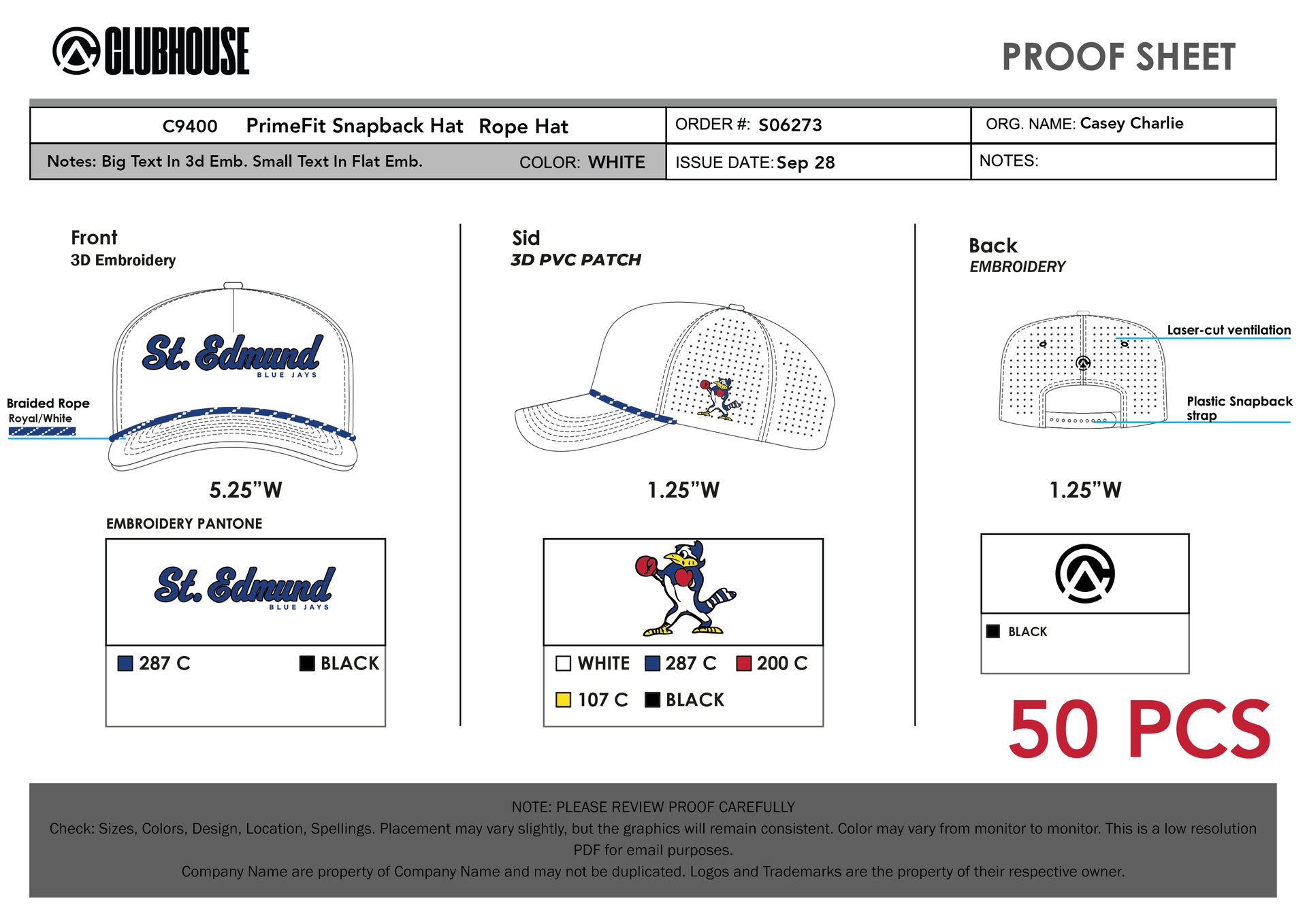 Approved design proof, St. Edmund Blue Jays white rope hat