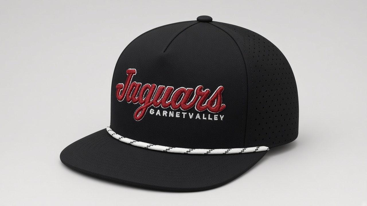 Garnet Valley Jaguars black rope hat with maroon 3D embroidered Jaguars script outlined in white and GARNETVALLEY lettering