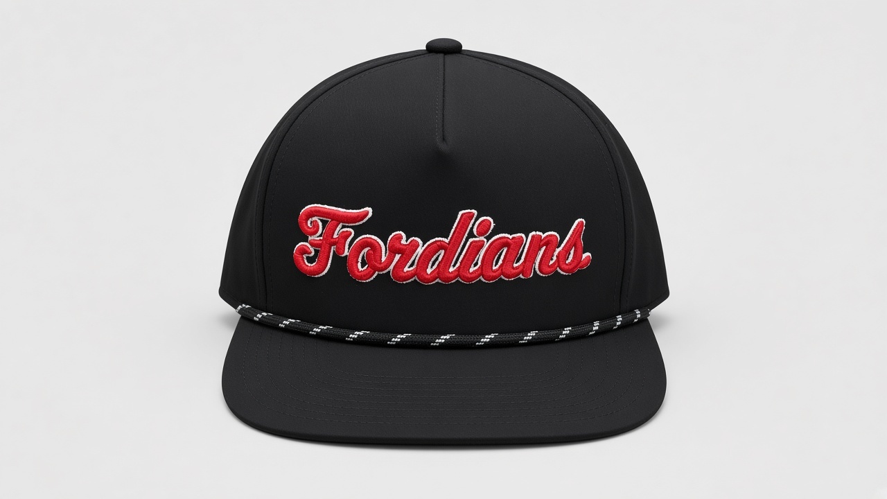 Waterford Fordians black rope hat with red 3D embroidered Fordians script outlined in white, black and white rope
