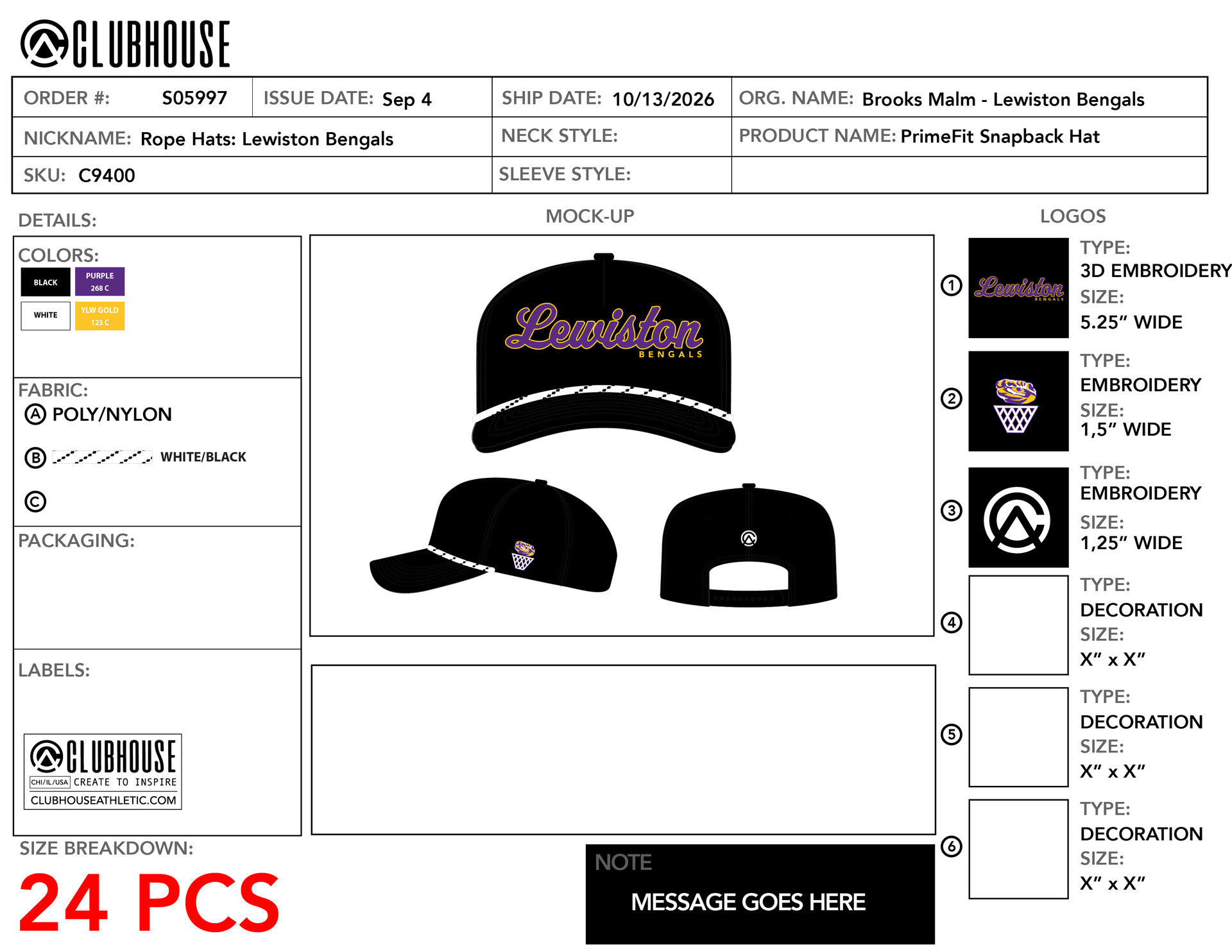Approved design proof, Lewiston Bengals black rope hat