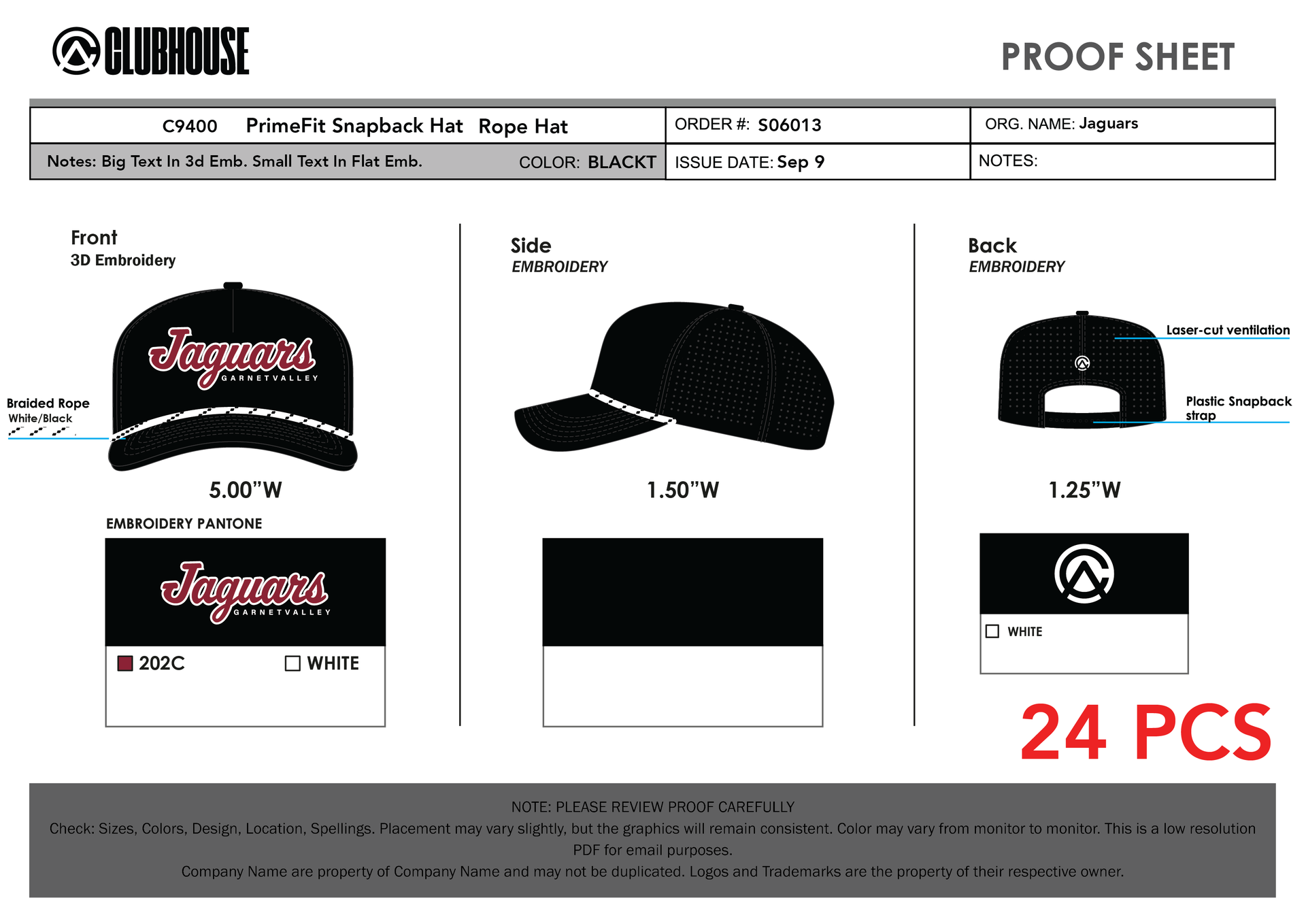 Approved design proof, Garnet Valley Jaguars black rope hat