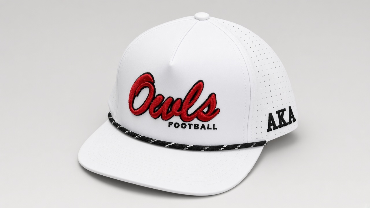Elgin Owls white rope hat with red 3D embroidered Owls script outlined in black and black FOOTBALL lettering