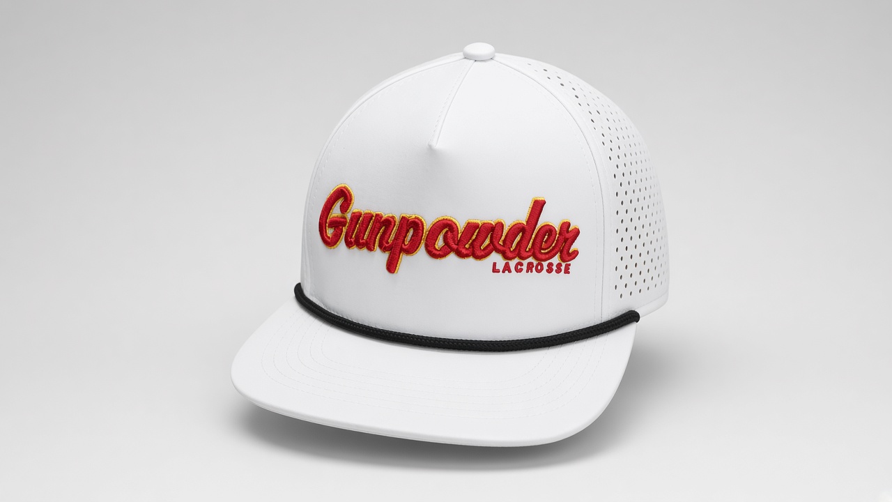 Gunpowder Lacrosse white rope hat with maroon and gold 3D embroidered script, black rope and GP side monogram