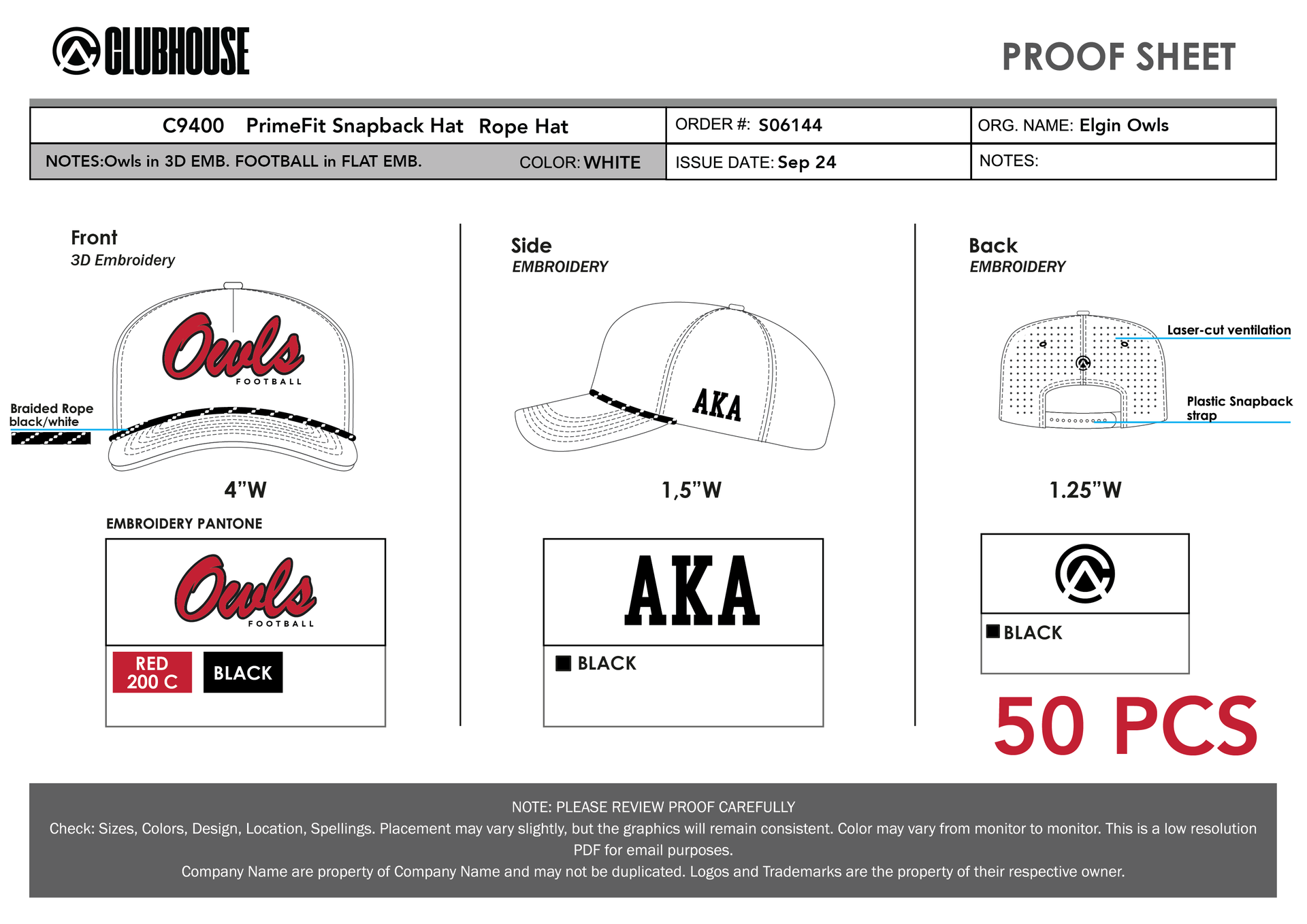 Approved design proof, Elgin Owls white rope hat